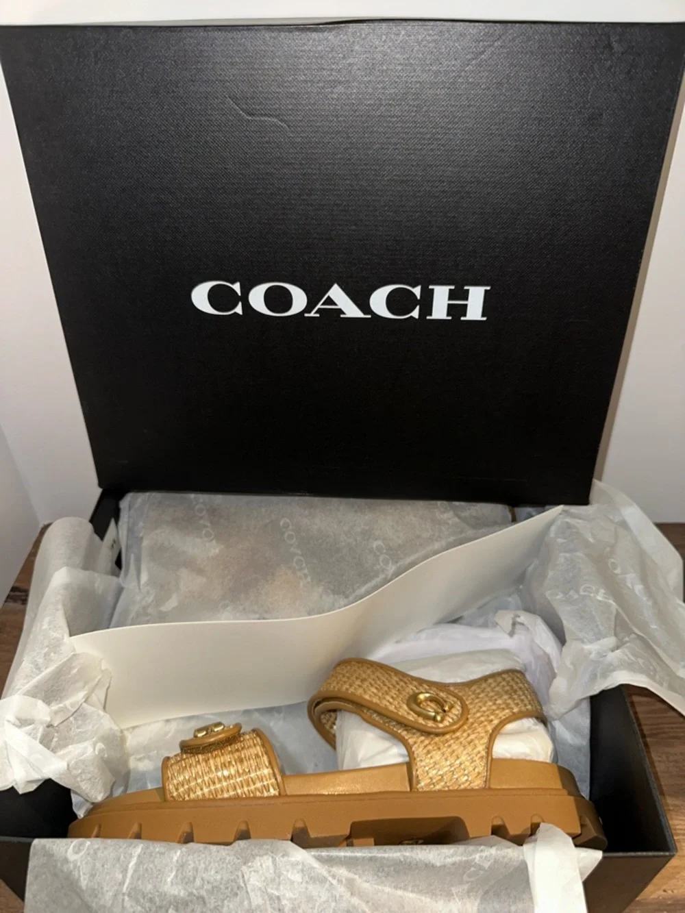 Coach Tan Brynn straw sandals with Gold Hardware - Picture 7 of 8